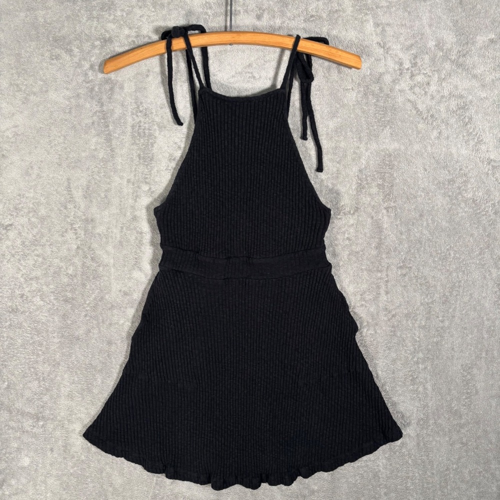 Free People Beach Black Ribbed Knit Mini Dress High Neck Tie Strap Small Boho